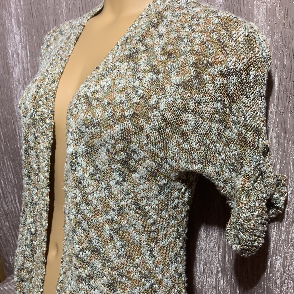 Chico's Sweater Cardigan Open Front Green Brown Cream Size 1 M Short Sleeve - Picture 6 of 14